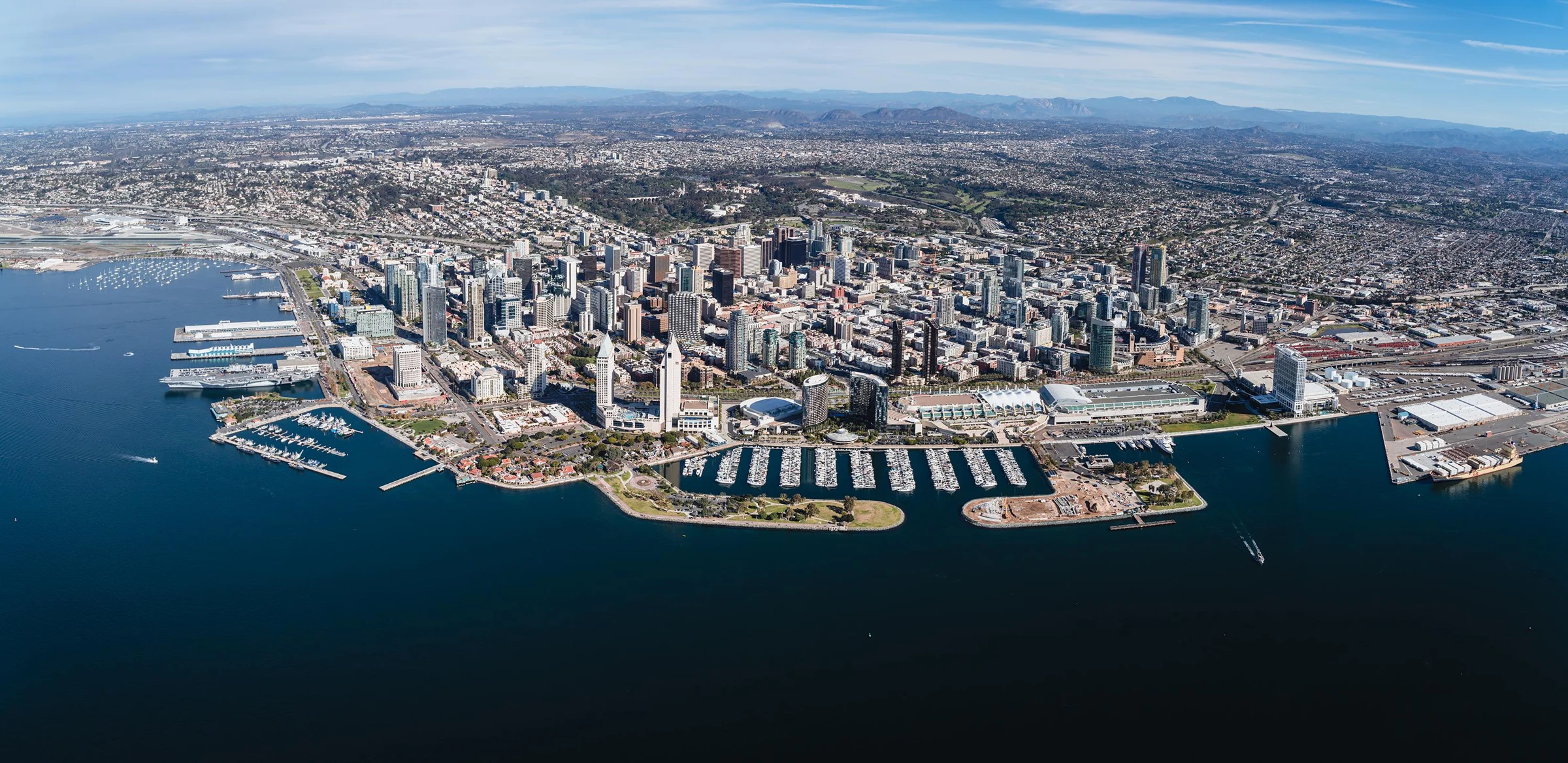 Aerial view of the San Diego skyline and bay